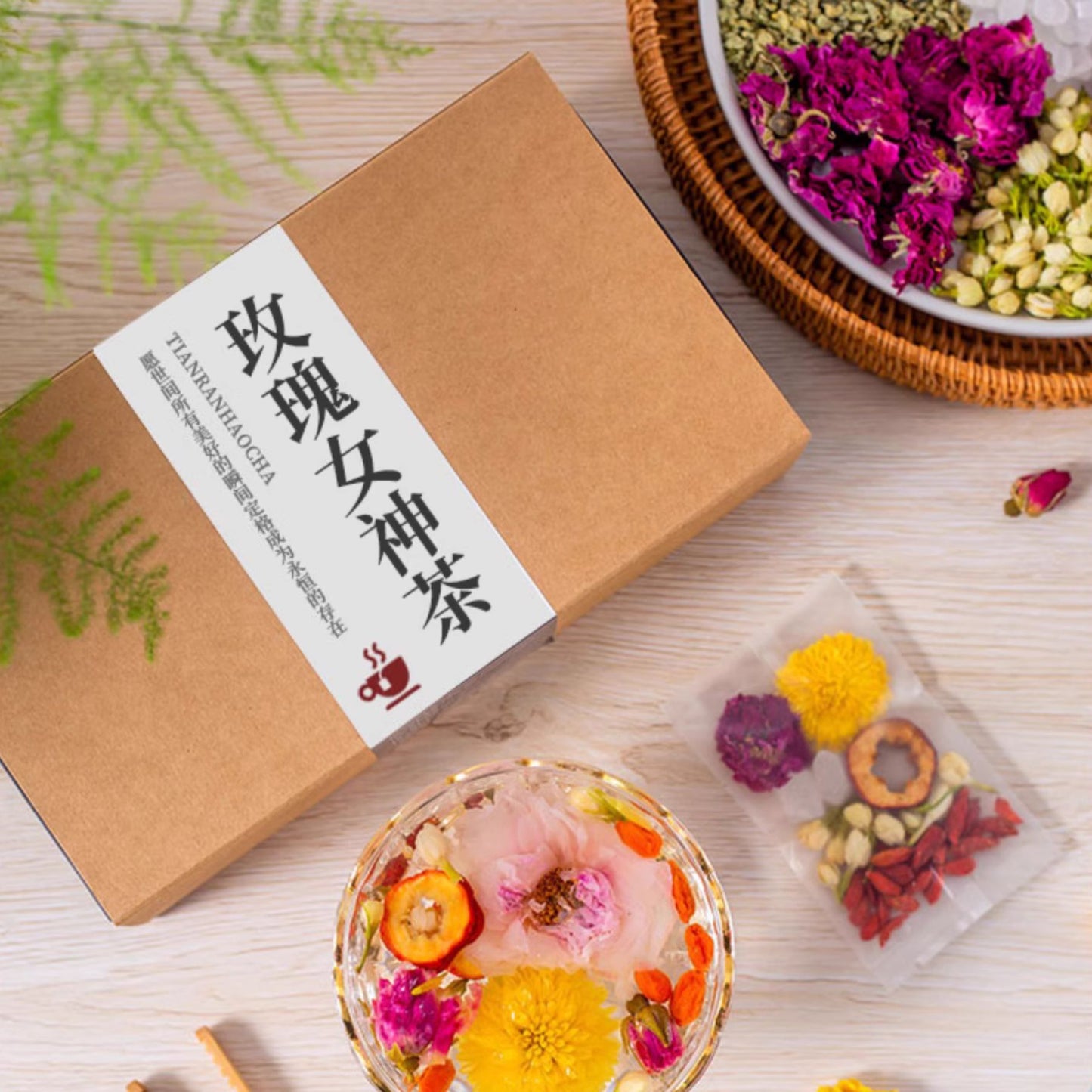 Detox Hormonal Balance Flower Tea: Goji, Rose, Lotus Leaf, Chrysanthemum, Jasmine, Hawthorn, Rock Sugar (20 packets)